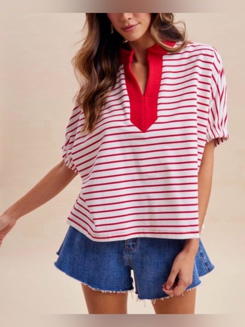 Dolman Sleeve Oversized Striped Red & White Knit Top